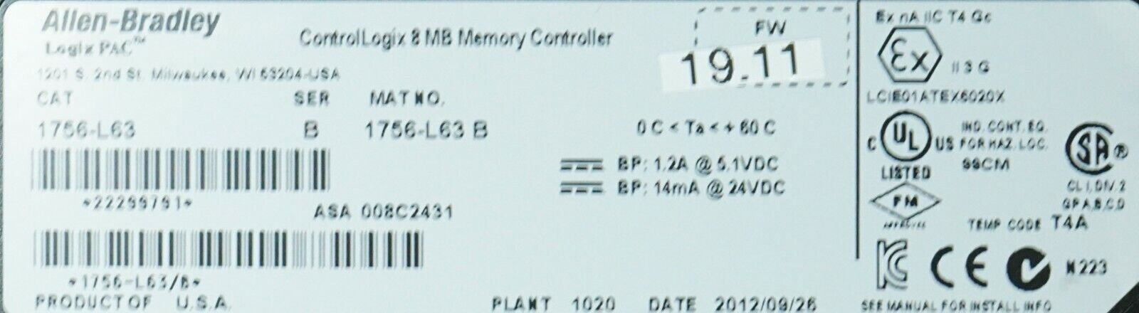 Allen-Bradley 1756-L63/B ControlLogix Logix5563 8MB Memory Tested FRN:19.11