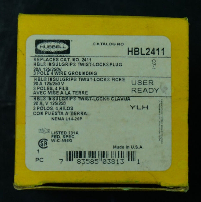 New HUBBELL HBL2411 TWIST-LOCK Plug 20A NEMA L14-20P