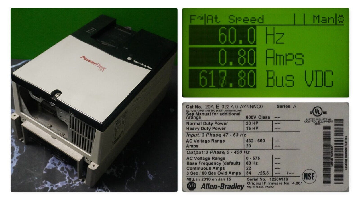 Allen-Bradley 20AE022A0AYNNNC0 PowerFlex70 AC Drive 20HP 600VAC FRN:4.001