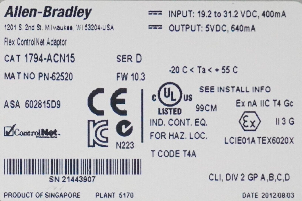 ALLEN BRADLEY 1794-ACN15 SER. A  ADAPTER MODULE FW:10.3