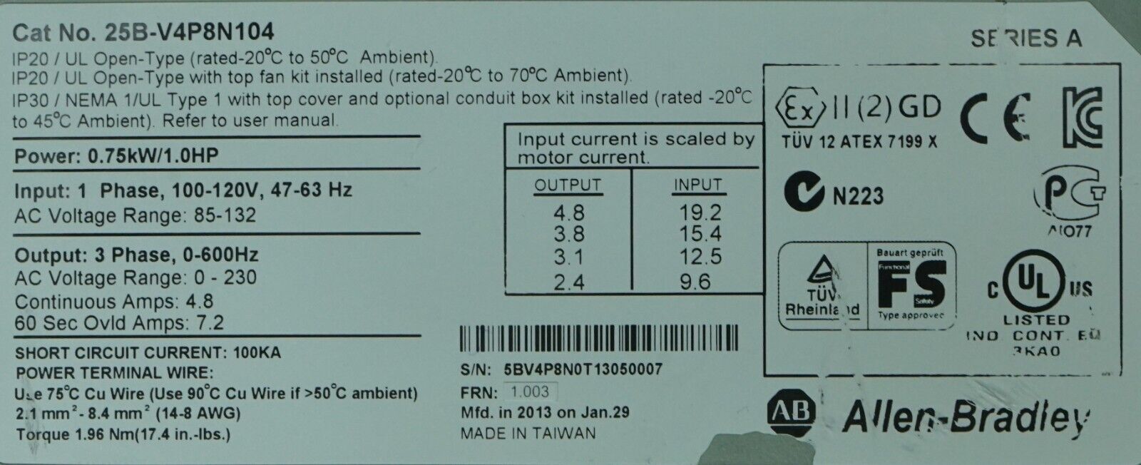 Allen Bradley 25B-V4P8N104 1HP Powerflex 525 Series A FRN:1.003 Tested Good