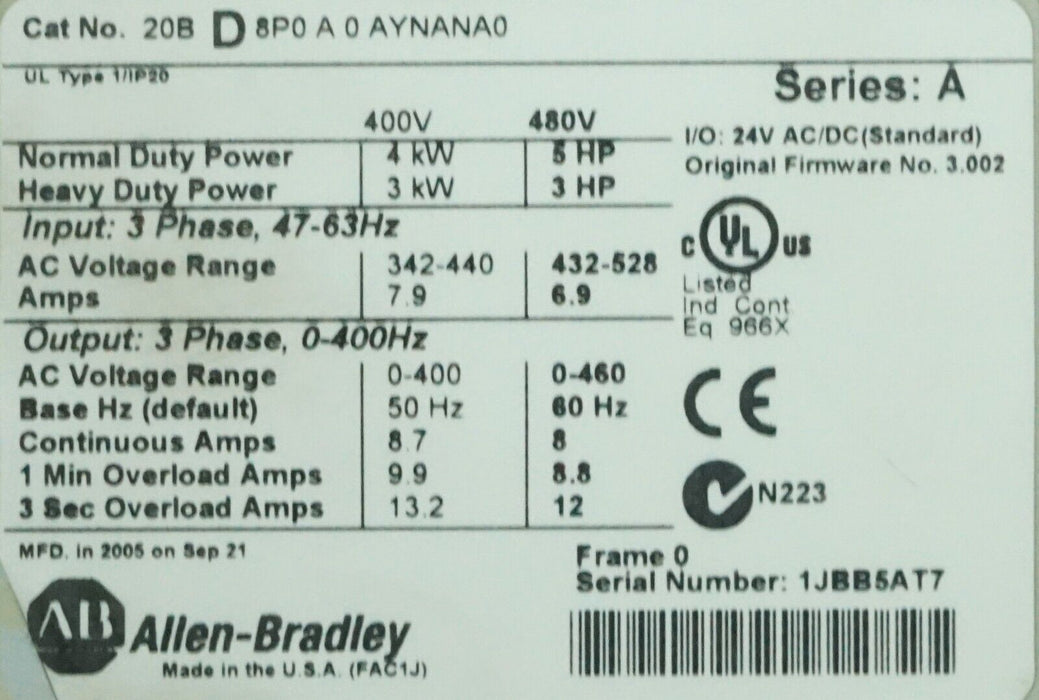 Allen Bradley PowerFlex 700 5 HP 20BD8P0A0AYNANA0 480VAC Tested Core Only