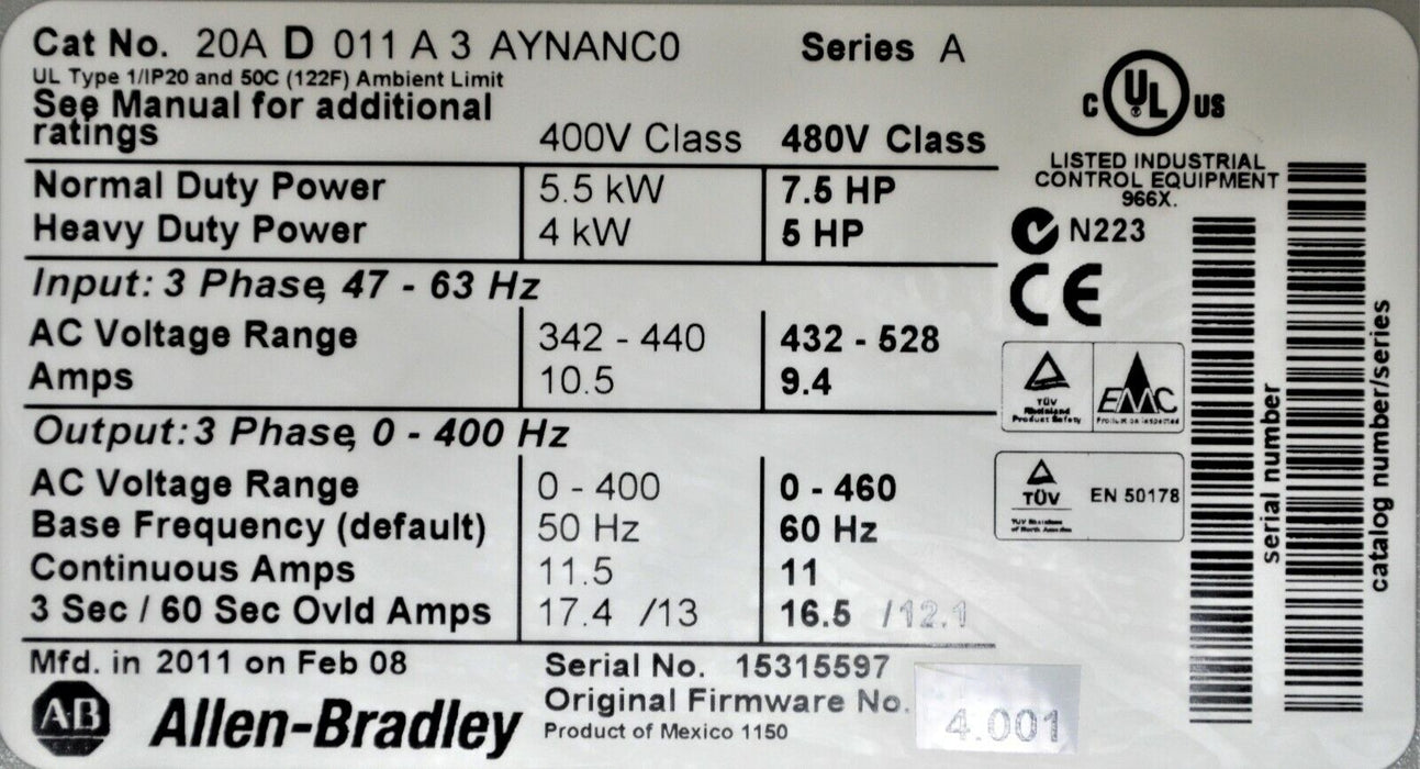 2011 Allen-Bradley PowerFlex 70 20AD011A3AYNANC0 480 VAC 7.5 HP, Tested Good