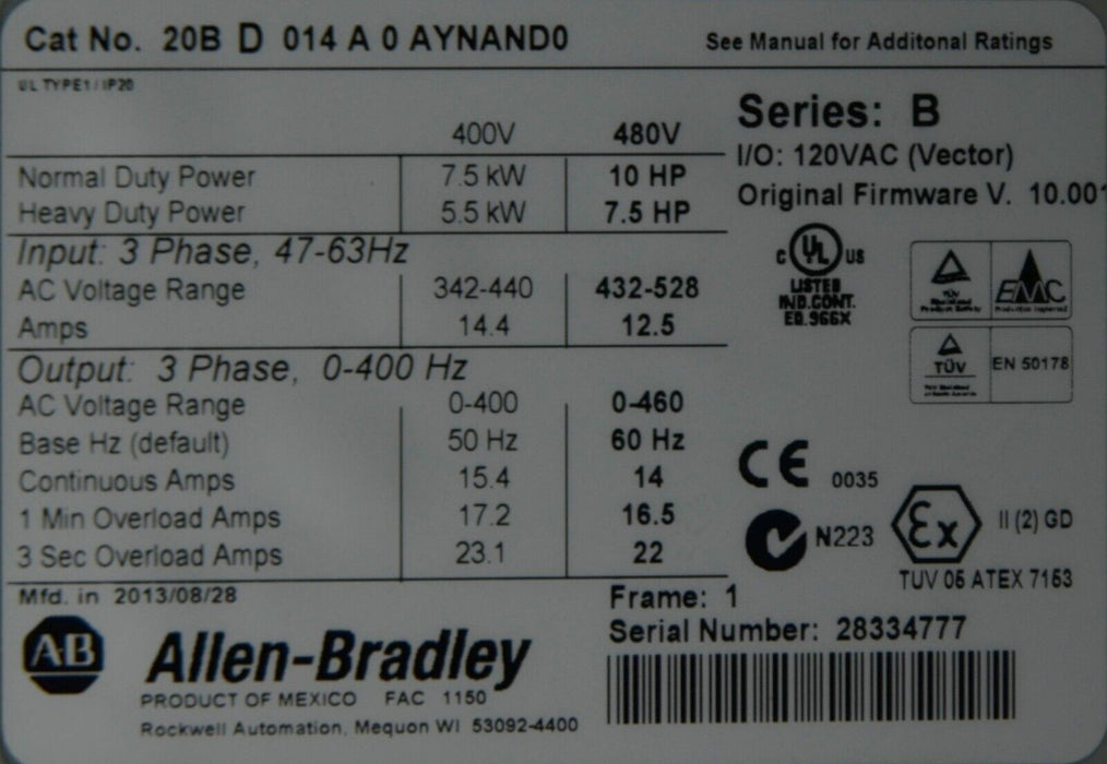 Allen-Bradley PowerFlex 700 10 HP 20BD014A0AYNAND0 480 VAC FRN 10.001 Tested