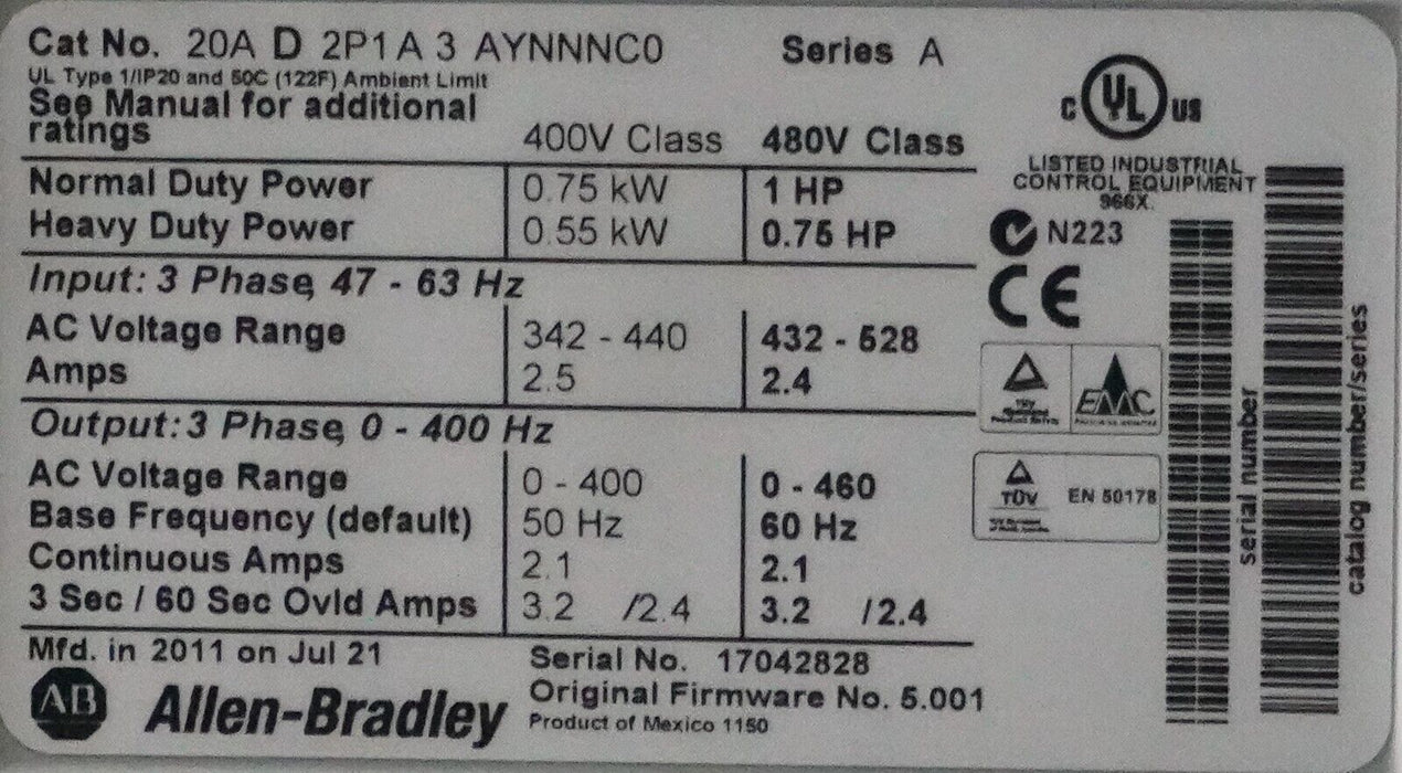 Low Hrs Allen-Bradley 20AD2P1A3AYNNNC0 PowerFlex70 1HP Series A FRN:5.001 Tested