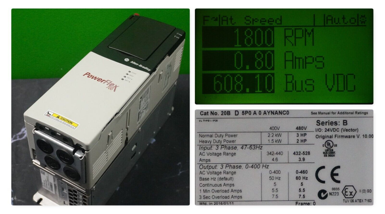 Low Hr Allen-Bradley PowerFlex 700 3 HP 20BD5P0A0AYNANC0 480 VAC Firmware:10.002