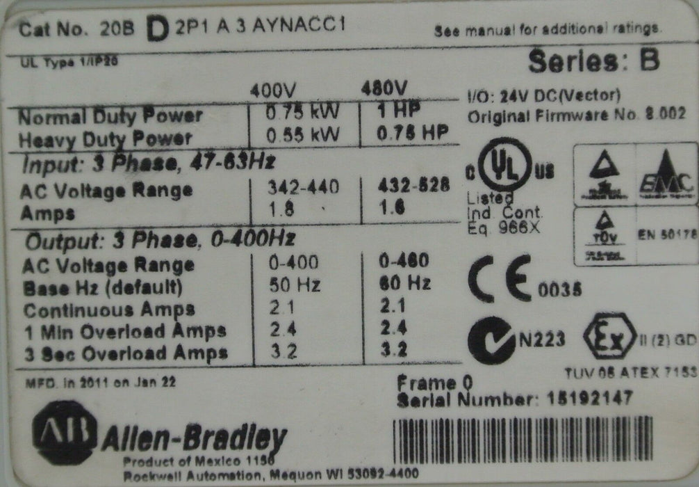 New Allen Bradley 20BD2P1A3AYNACC1 PowerFlex 700 Drive 1 HP Zero Run Hours