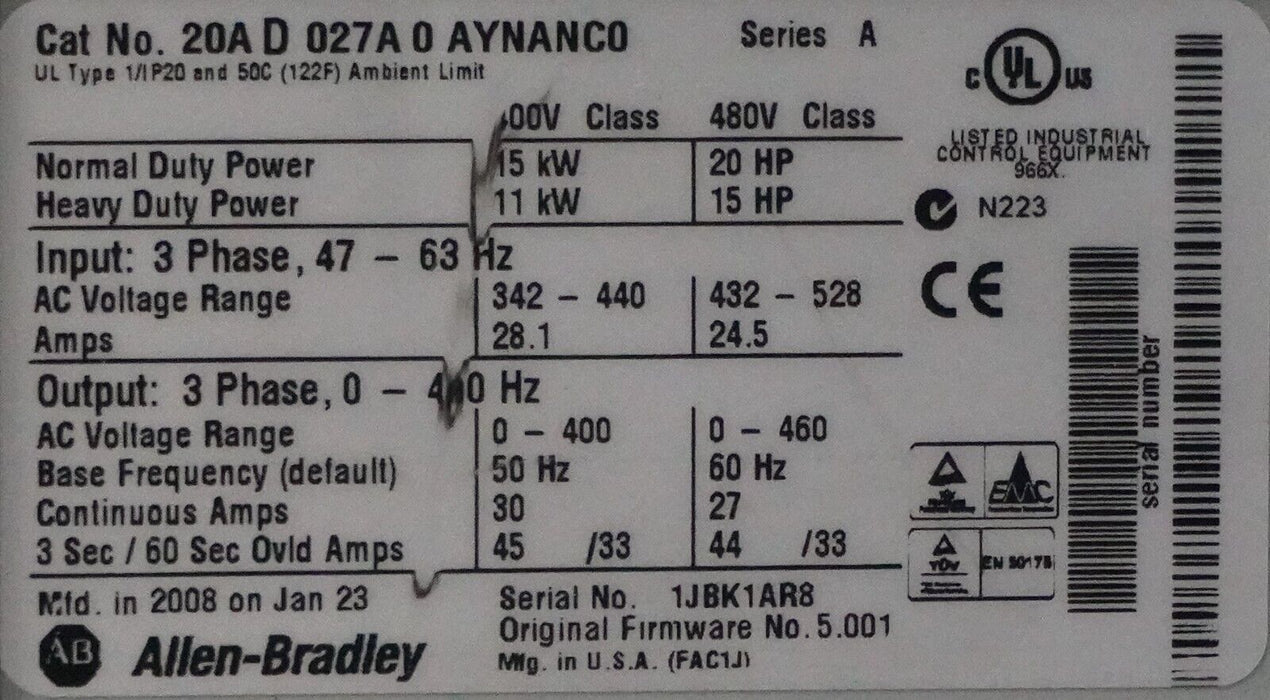 Low Hrs Allen Bradley PowerFLex 70 20AD027A0AYNANC0 20HP FRN:5.001 Tested Good