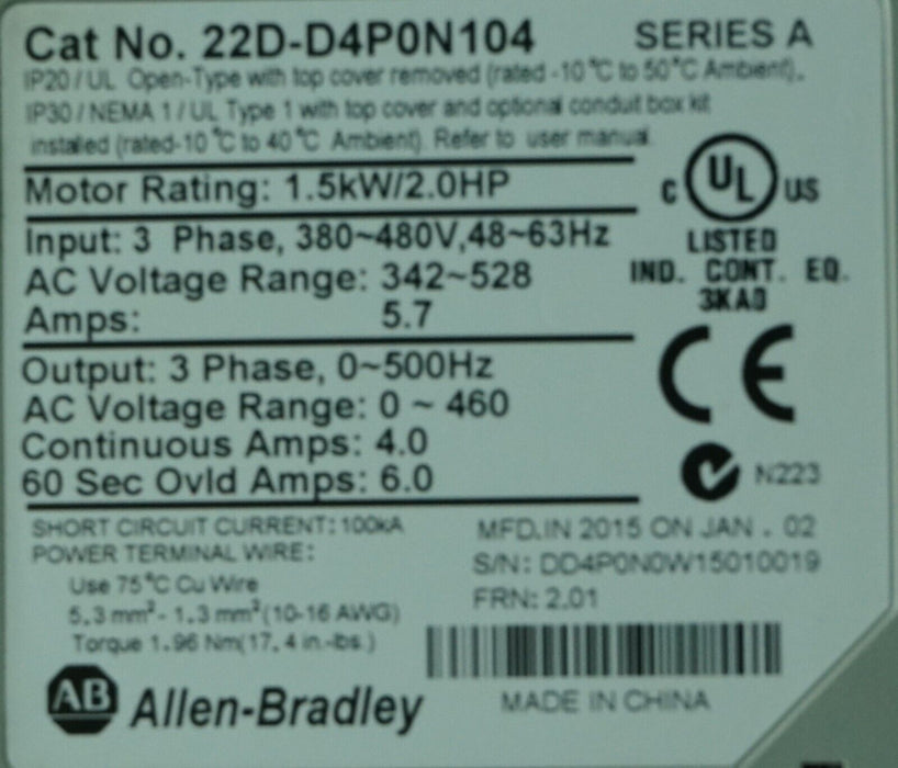 Allen-Bradley 22D-D4P0N104 Power Flex 40 Drive 2HP Ser. A FRN:2.01