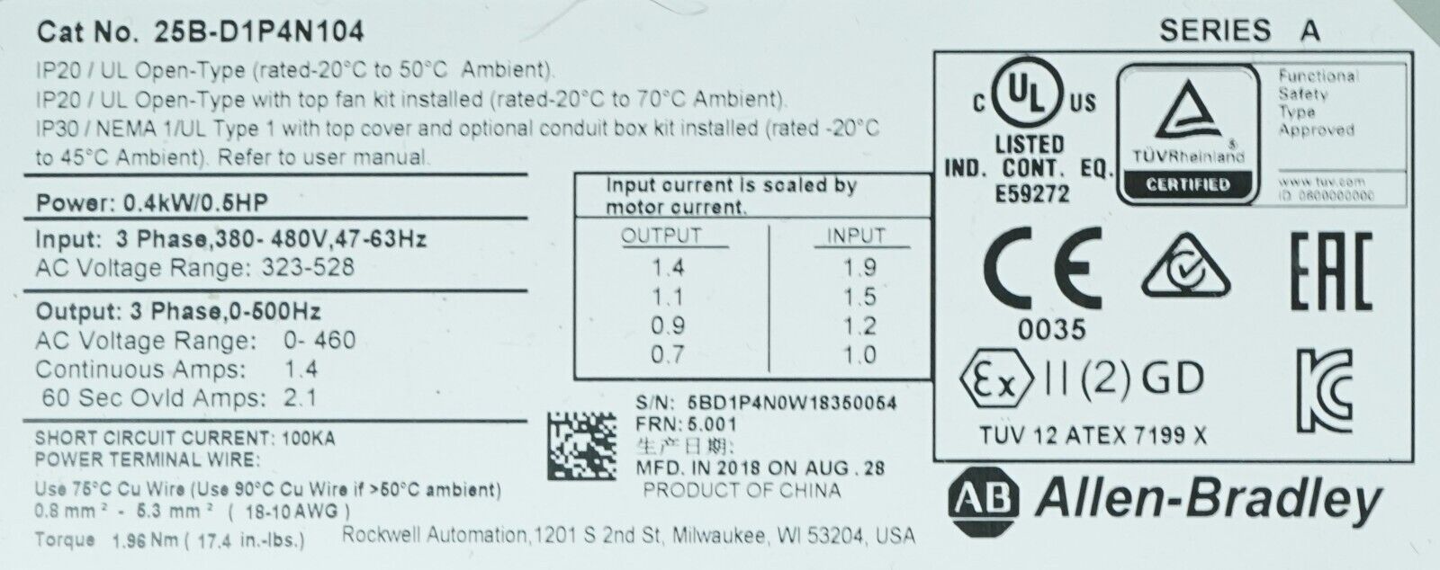 2018 Allen Bradley 25B-D1P4N104 1/2HP Powerflex 525 Series A FRN:5.001 Tested