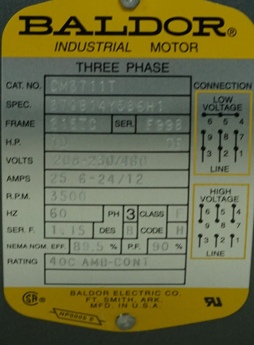 New Baldor Reliance CM3711T Motor 10HP 3500RPM 60HZ SER:1.15