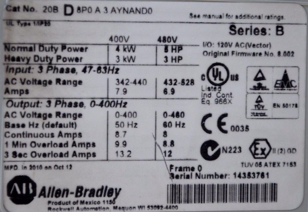 Low Hours Allen-Bradley PowerFlex 700 5HP 20BD8P0A3AYNAND0 Tested FRN 8.002