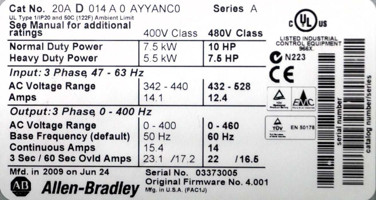 Parts Allen-Bradley PowerFlex 70 10 HP 20AD014A0AYYANC0 FRN 4.001 (Sold As Is)