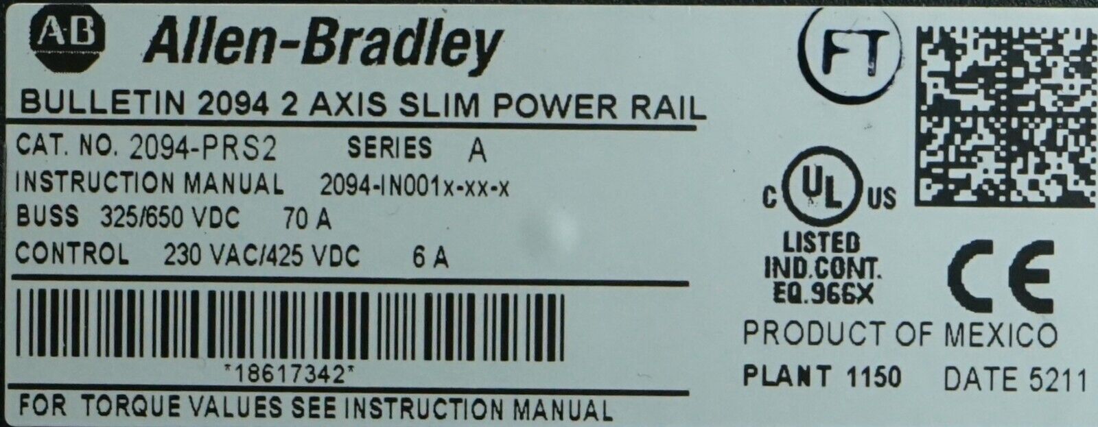 Allen Bradley 2094-PRS2 Kinetix 6000 Power Rail, Slim, 2 Axis. Tested Good