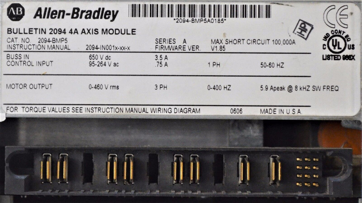 ALLEN-BRADLEY KINETIX 6000 2094-BMP5-S AXIS MODULE 4 AMPS 480 VAC FRN: 1.85