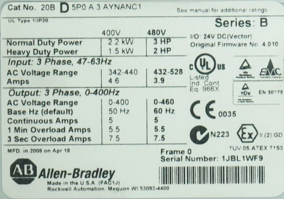 Allen Bradley PowerFlex 700 3 HP 20BD5P0A3AYNANC1 480VAC Power Supply FRN:4.010