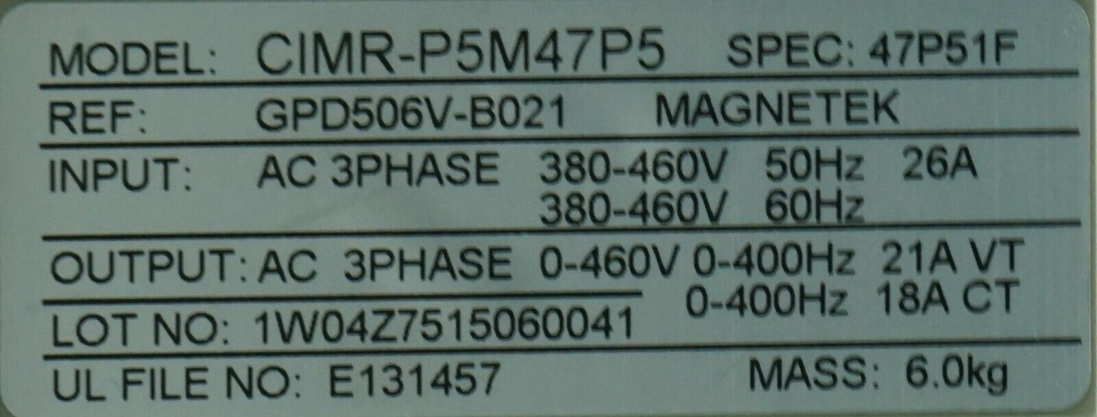 Yaskawa CIMR-P5M47P5 GPD 506/P5 Variable Frequency Drive Tested Good