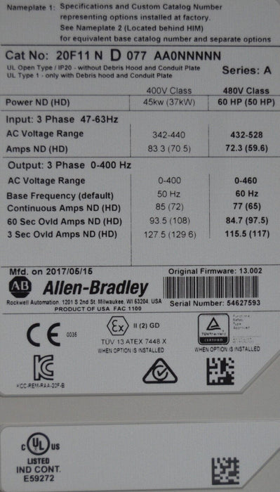 Allen-Bradley PowerFlex 753 20F11ND077AA0NNNNN 60 HP 480 VAC FRN 13.002