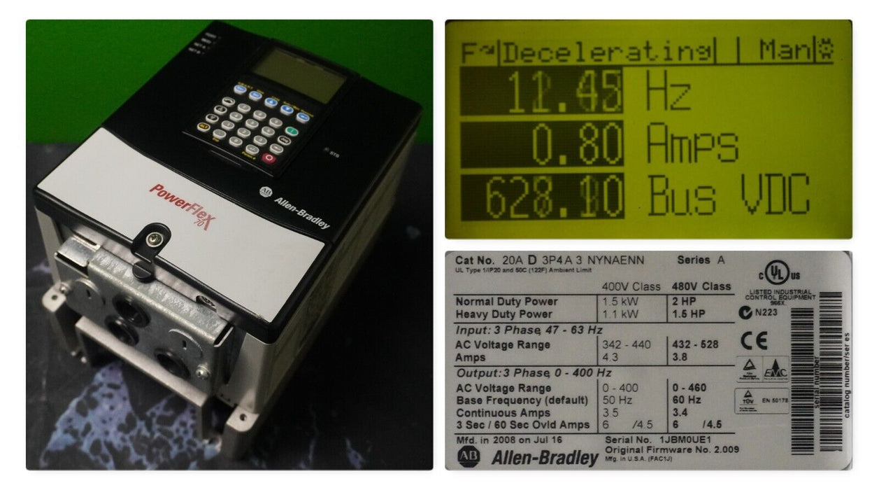 Allen-Bradley PowerFlex 70 2HP 20AD3P4A3NYNAENN 480 VAC Clean Tested FRN:2.009