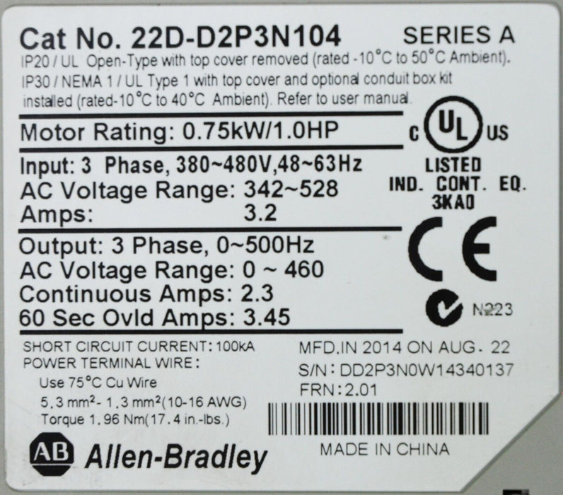 Low Hours Allen-Bradley 22D-D2P3N104 PowerFlex40P FRN: 2.01 Tested Good