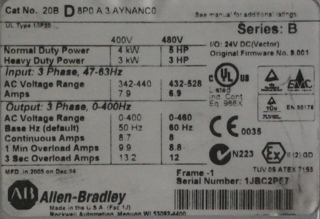 Allen-Bradley PowerFlex 700 5 HP 20BD8P0A3AYNANC0 480 VAC FRN:9.001