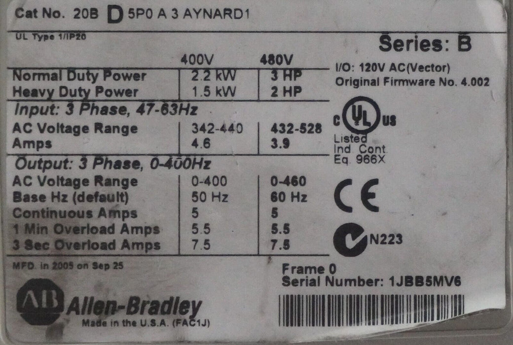 Allen-Bradley PowerFlex 700 3 HP 20BD5P0A3AYNARD1 480 VAC Power Supply Only