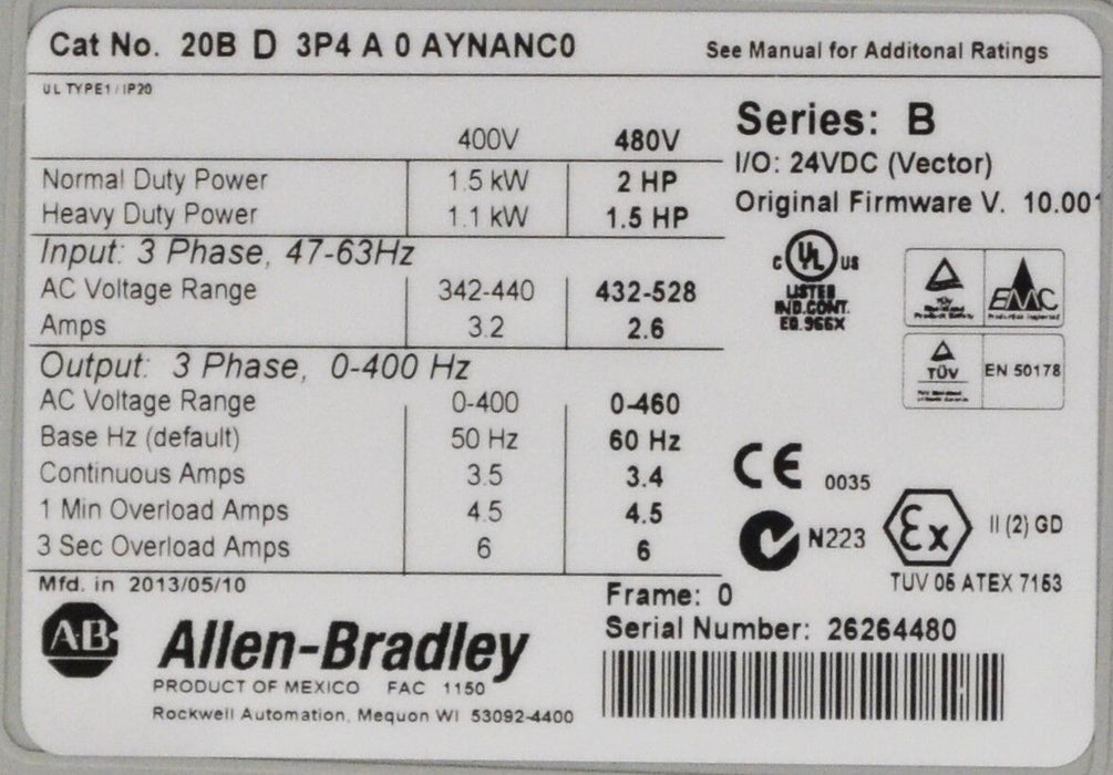 Allen-Bradley PowerFlex 700  2 HP 20BD3P4A0AYNANC0 480 VAC Tested Good