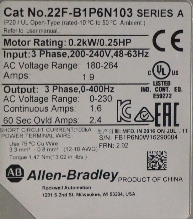 Low Run Hours Allen-Bradley 22F-B1P6N103 /A PowerFlex 4M AC Drive Tested Good