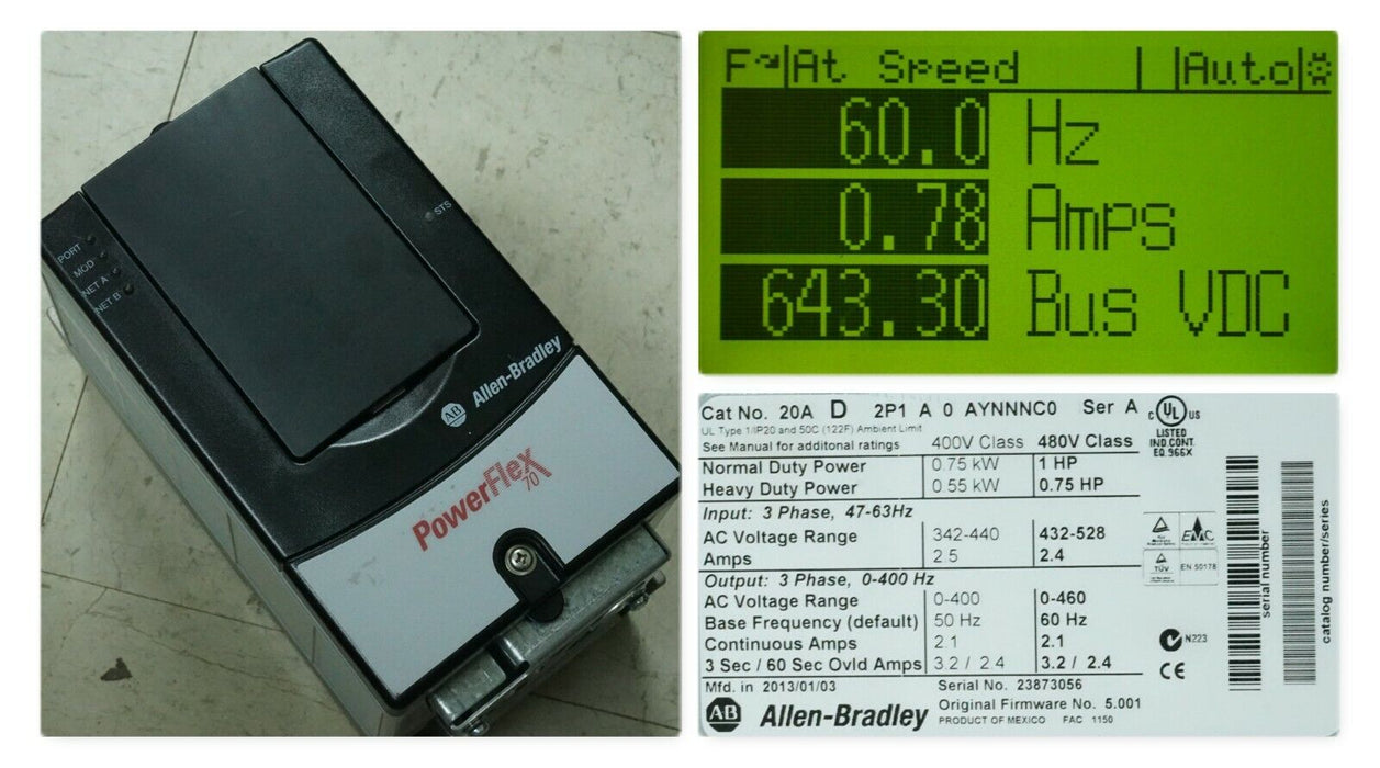 Zero Hours Allen-Bradley PowerFlex 70 1HP 20AD2P1A0AYNNNC0 Tested Good FRN:5.001