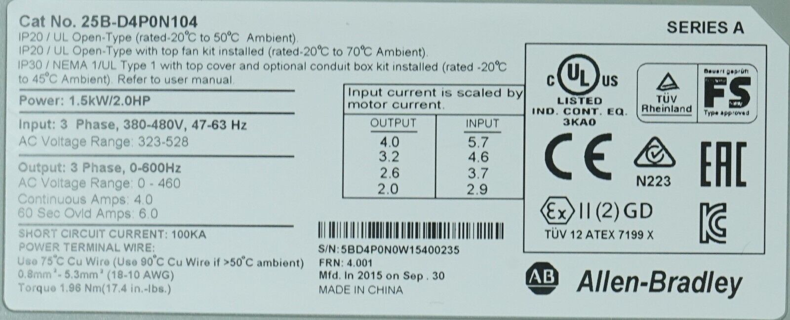 Low Hr 2015 Allen Bradley 25B-D4P0N104 2HP Powerflex 525 Series A FRN:4.001