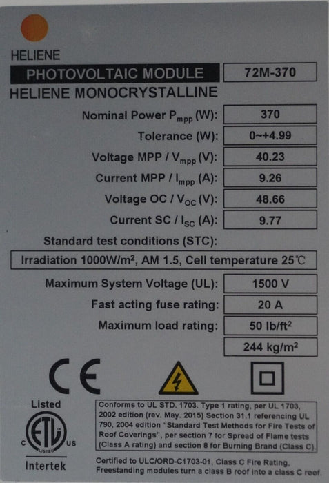 Solar Panels; 370W Heliene Monocrystalline