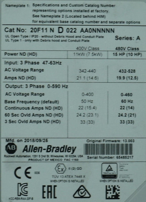 Low Hours Allen-Bradley PowerFlex 753 20F11ND022AA0NNNNN 15HP 480 VAC FRN: 9.001