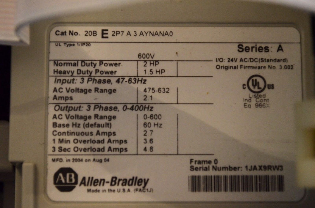 Allen-Bradley PowerFlex 700 2 HP 20BE2P7A3AYNANA0 Tested Clean FRN 3.002