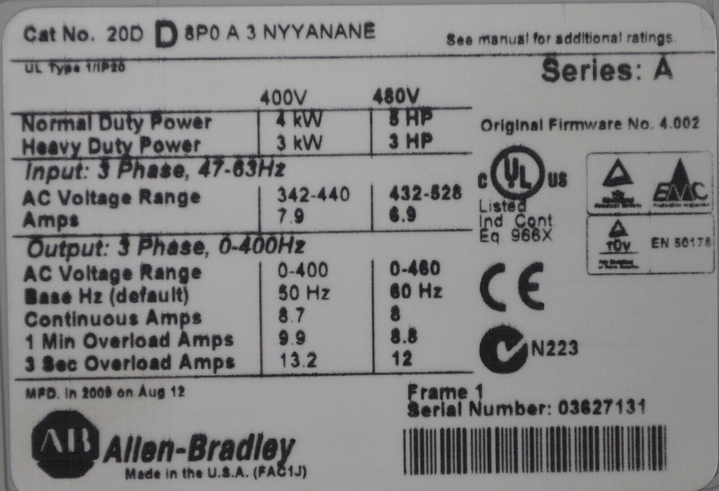 Allen-Bradley 20DD8P0A3NYYANANE 5HP POWERFLEX 700S Drive Series A ZERO HOURS