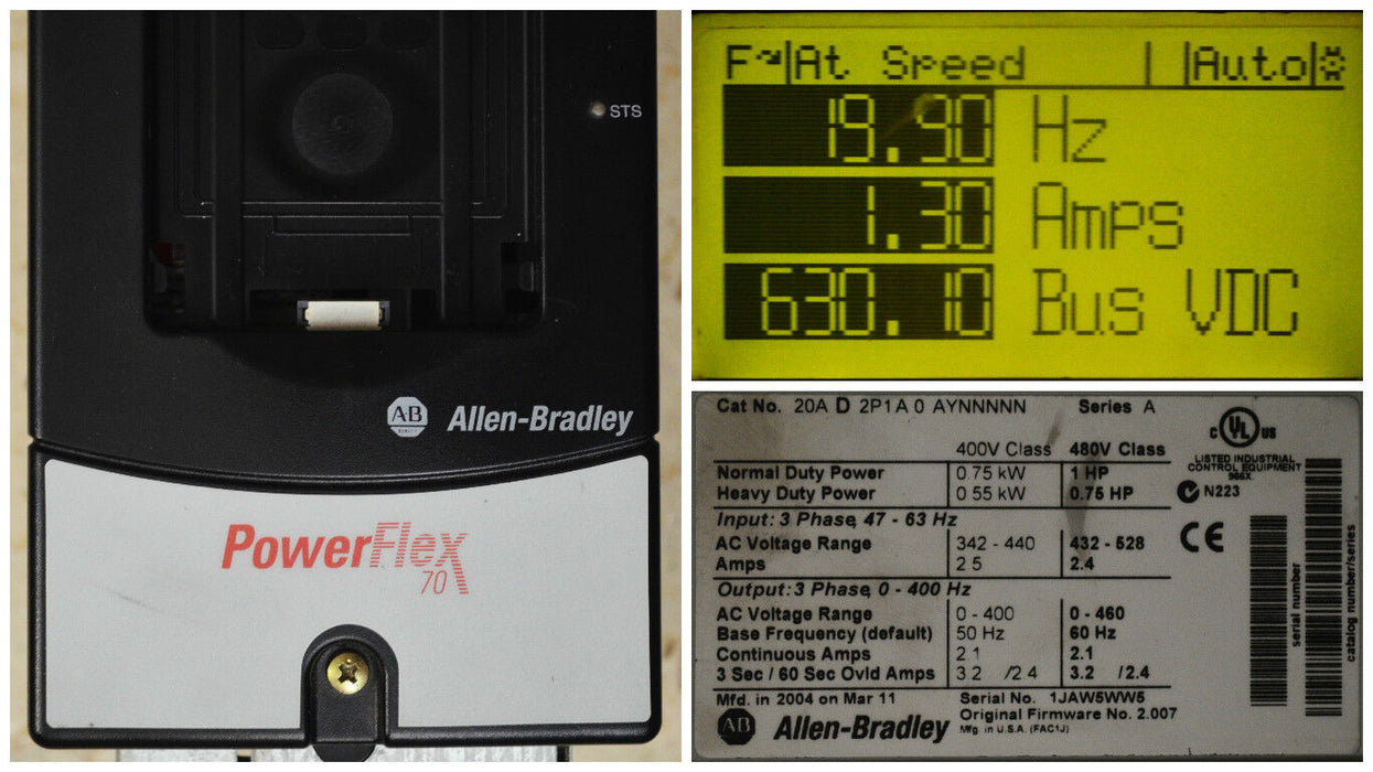 Allen-Bradley PowerFlex 70 1 HP 20AD2P1A0AYNNNNN 480 VAC FRN: 2.007 Tested Good