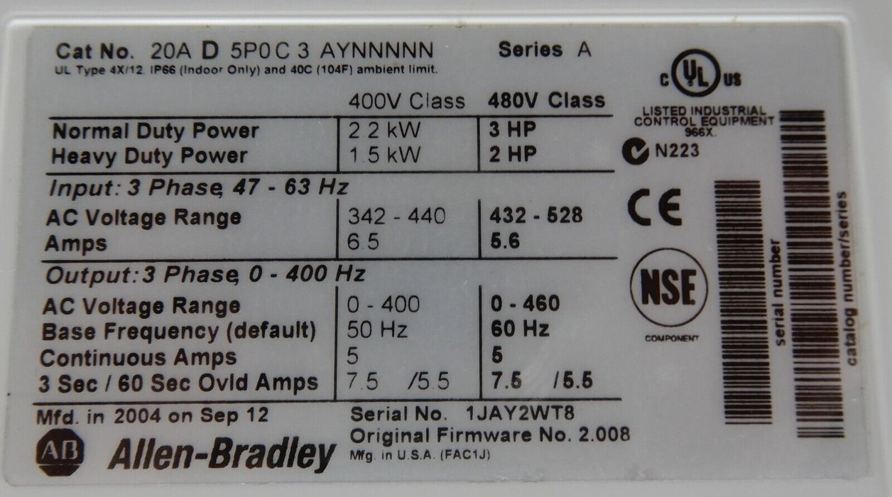 LOW HOURS Allen-Bradley 20AD5P0C3AYNNNNN PowerFlex 70 3 HP Tested Good FRN:2.008