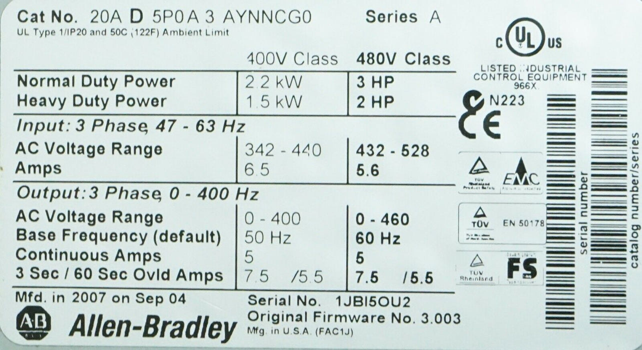 Allen-Bradley PowerFlex 70 3HP 20AD5P0A3AYNNCG0 480V 3.003 Tested Good