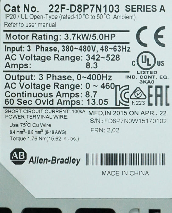 New Allen-Bradley 22F-D8P7N103 Series A PowerFlex 4M AC Drive 3-P 5HP FRN:2.02