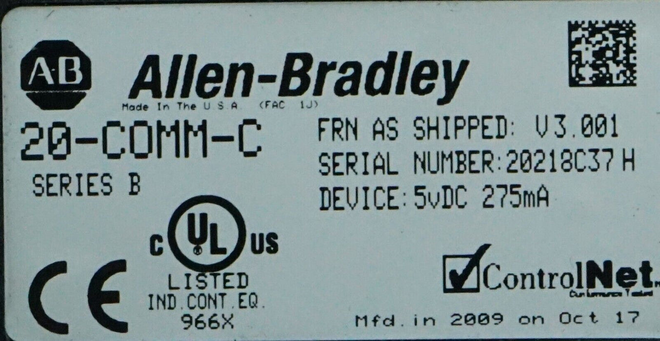 Allen Bradley 20-COMM-C ControlNet Adapter Series B Firmware Ver. 3.001