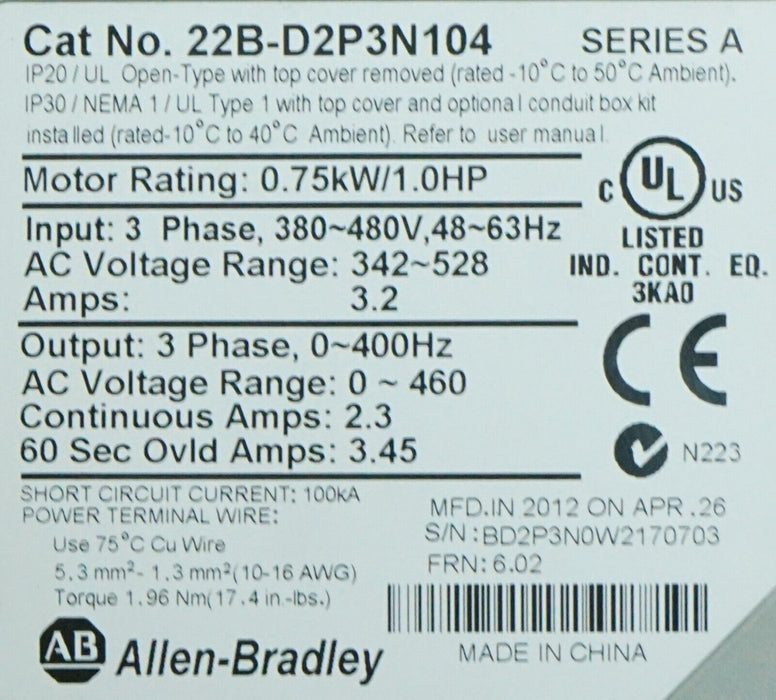 Allen Bradley 40 22B-D2P3N104 PowerFlex Drive Series A Tested Good 6.02