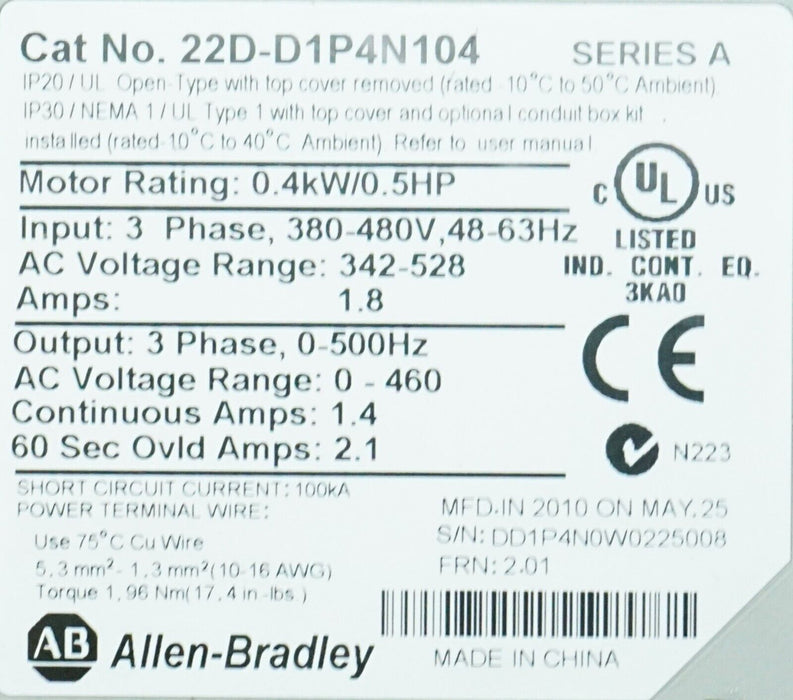 Low Hour Allen-Bradley Powerflex 40P 22D-D1P4N104 1/2HP FRN:2.01 Tested