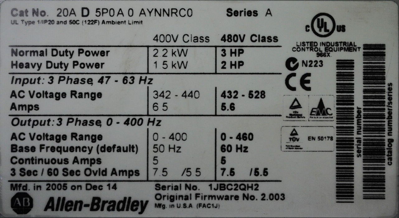 Allen-Bradley 20AD5P0A0AYNNRC0 PowerFlex 70 3HP  FRN:2.008 With 20-COMM-R Tested