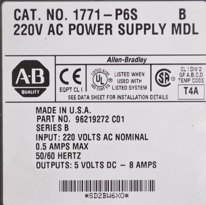 1771-P6S /B Allen Bradley Power Supply 220VAC Input 8amp output