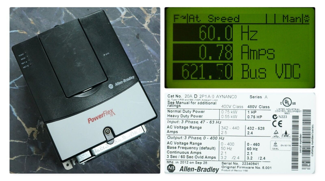 Zero Hrs Allen-Bradley 20AD2P1A0AYNANC0 PowerFlex 70 1 HP 480 VAC FRN 5.001