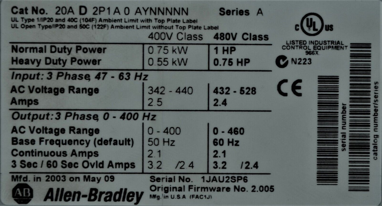 Allen-Bradley 20AD2P1A0AYNNNNN PowerFlex70 1 HP Series A FRN: 2.005 Tested