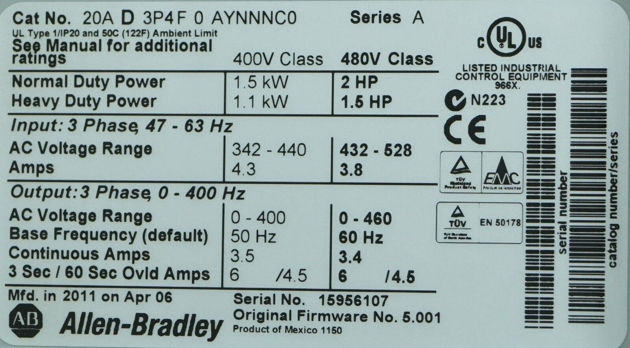 New Allen-Bradley PowerFlex 70 2HP 20AD3P4F0AYNNNC0 480 VAC Tested FRN:5.001