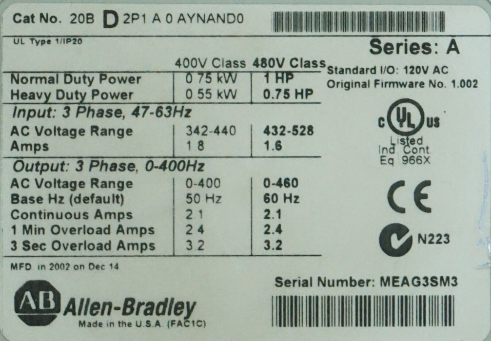 Allen-Bradley PowerFlex 700 1 HP 20BD2P1A0AYNAND0 480 VAC FRN:1.002 Tested Good