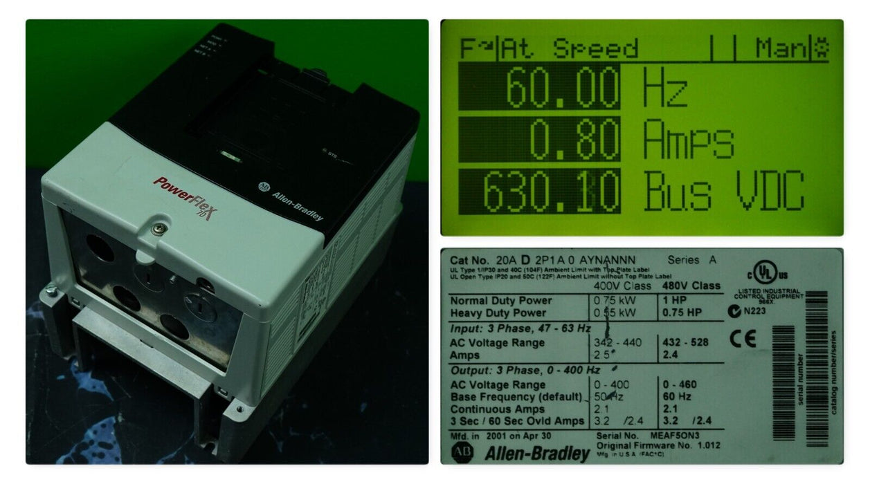 Low HR Allen-Bradley PowerFlex 70 1HP 20AD2P1A0AYNANNNN 480 VAC FRN:1.012 Tested