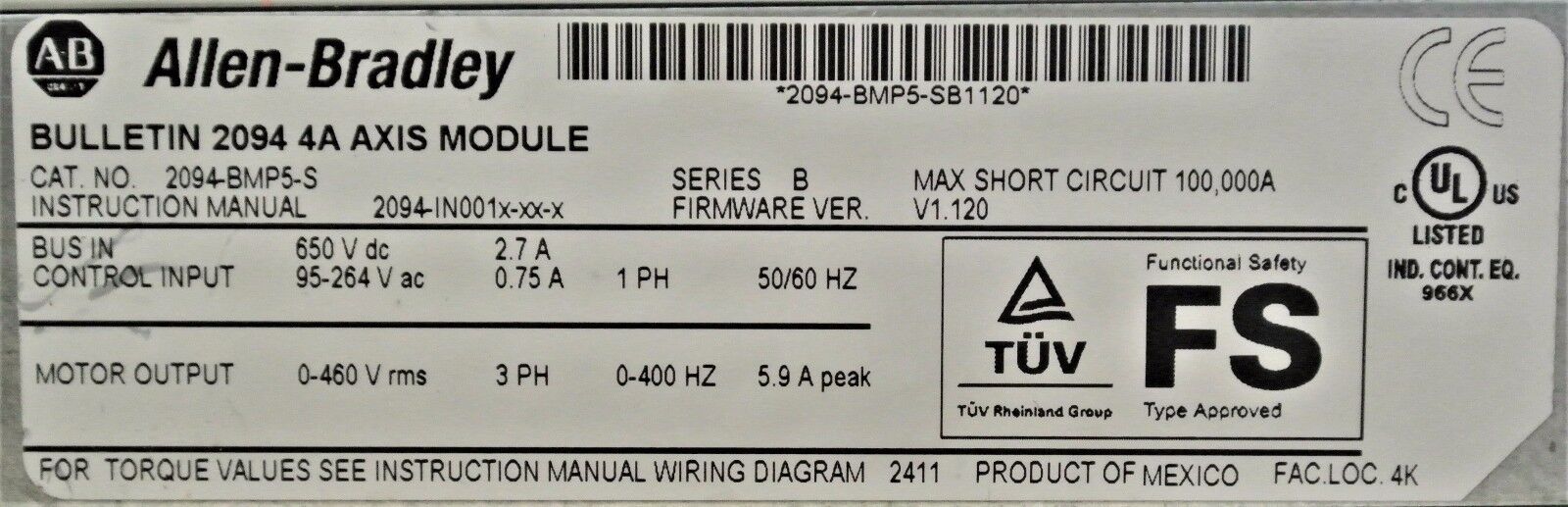 ALLEN-BRADLEY KINETIX 6000 2094-BMP5-S 4 AMPS Ver. 1.120 No Terminal Connectors