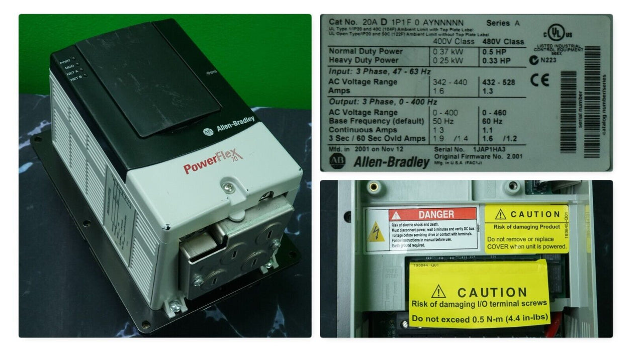 New Allen-Bradley PowerFlex 70 1/2 HP 20AD1P1F0AYNNNNN 480VAC FRN:2.001